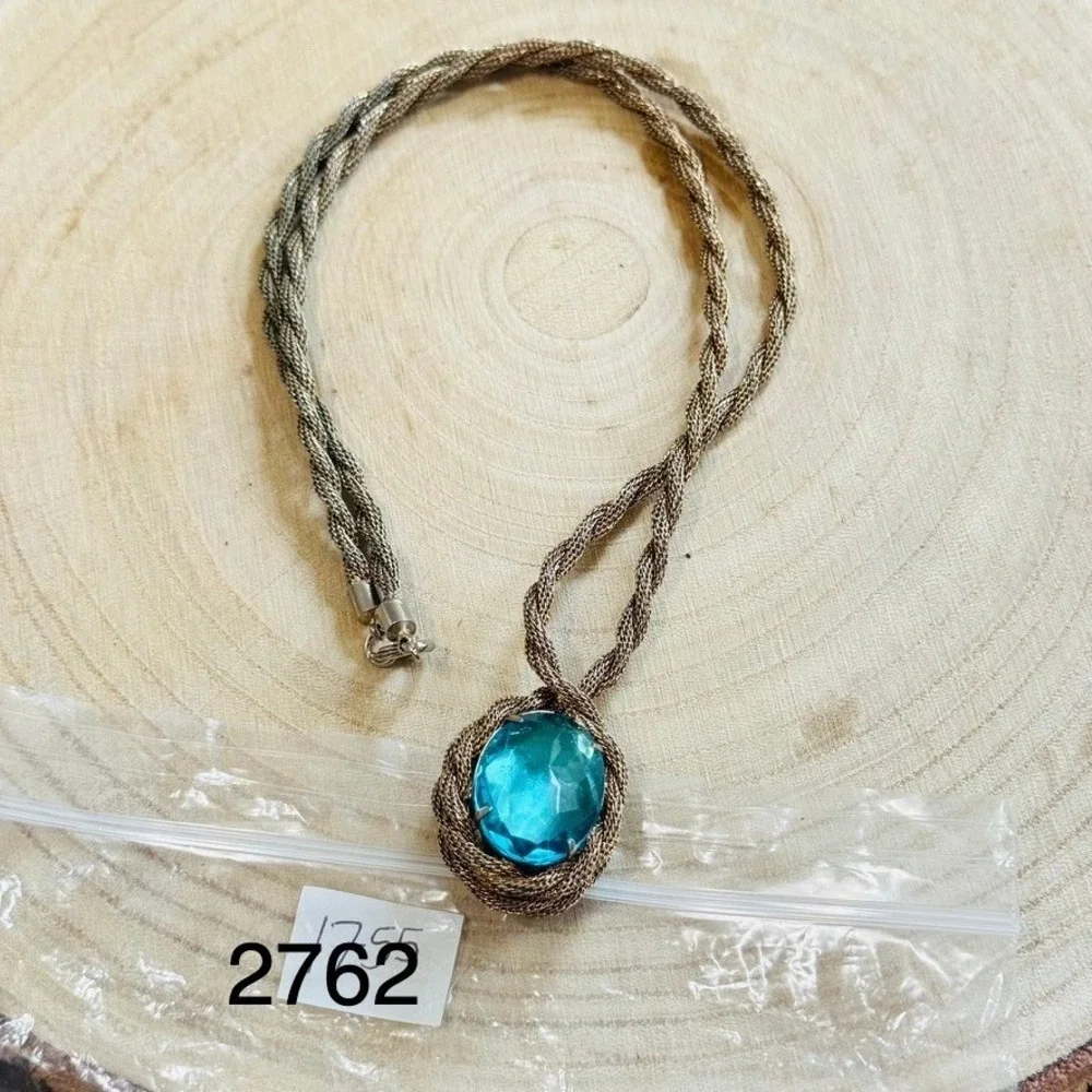 VTG Victorian style Regal necklace Aqua Blue glass Statement Mesh Braided 60s